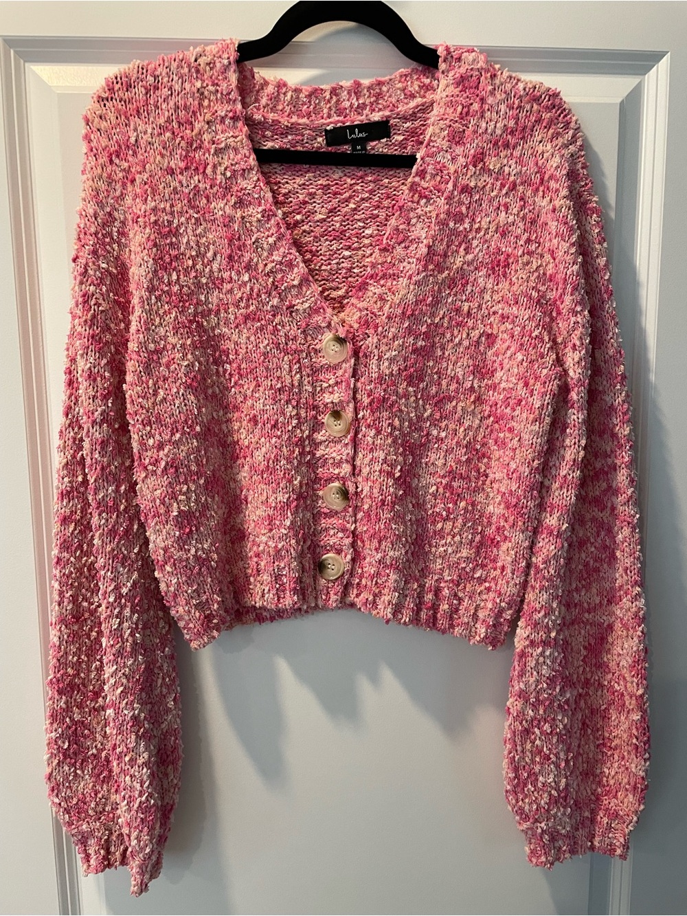 Lulu's Adorable Affection Pink Multi Cropped Balloon Sleeve Cardigan